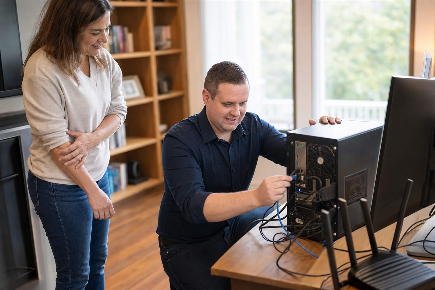 Afford IT technician reconnecting a desktop computer during a home repair visit while the customer looks on