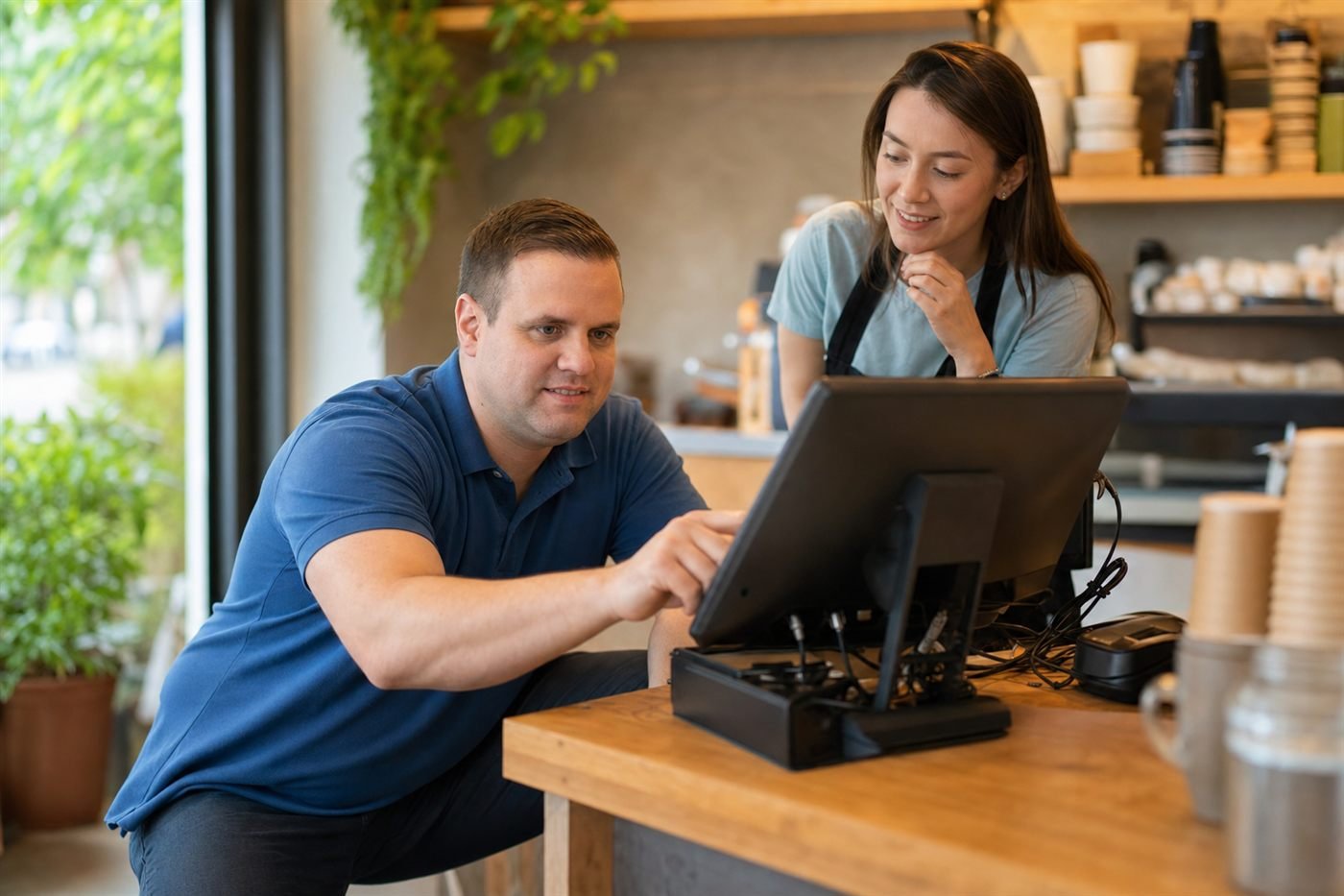 Afford IT technician fixing the point-of-sale terminal at a Brisbane cafe