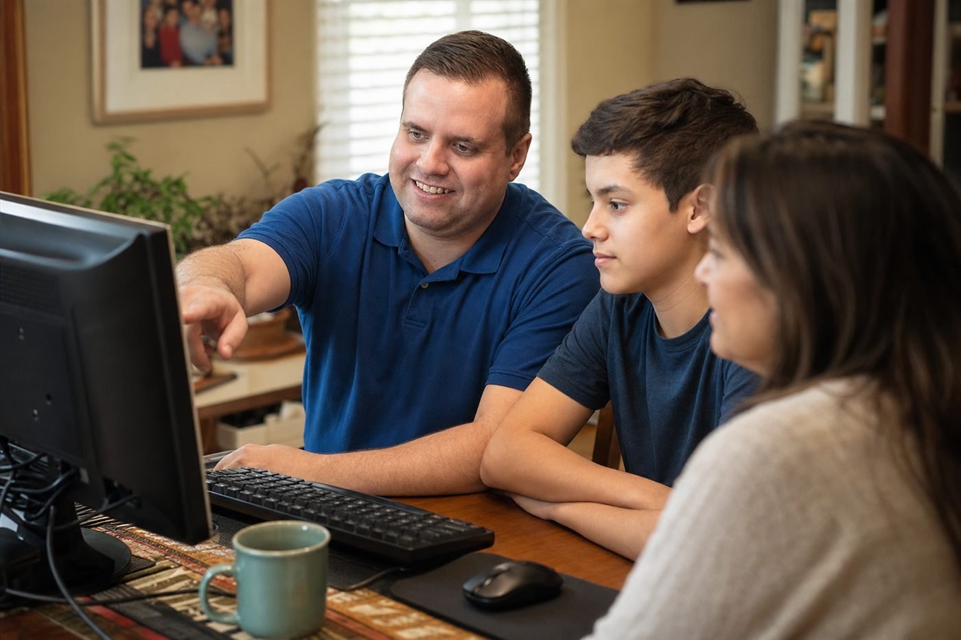 Afford IT technician checking over the family desktop computer with a parent and teenager