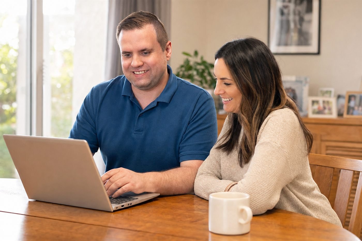 Afford IT technician walking a customer through her files on a laptop at the dining table