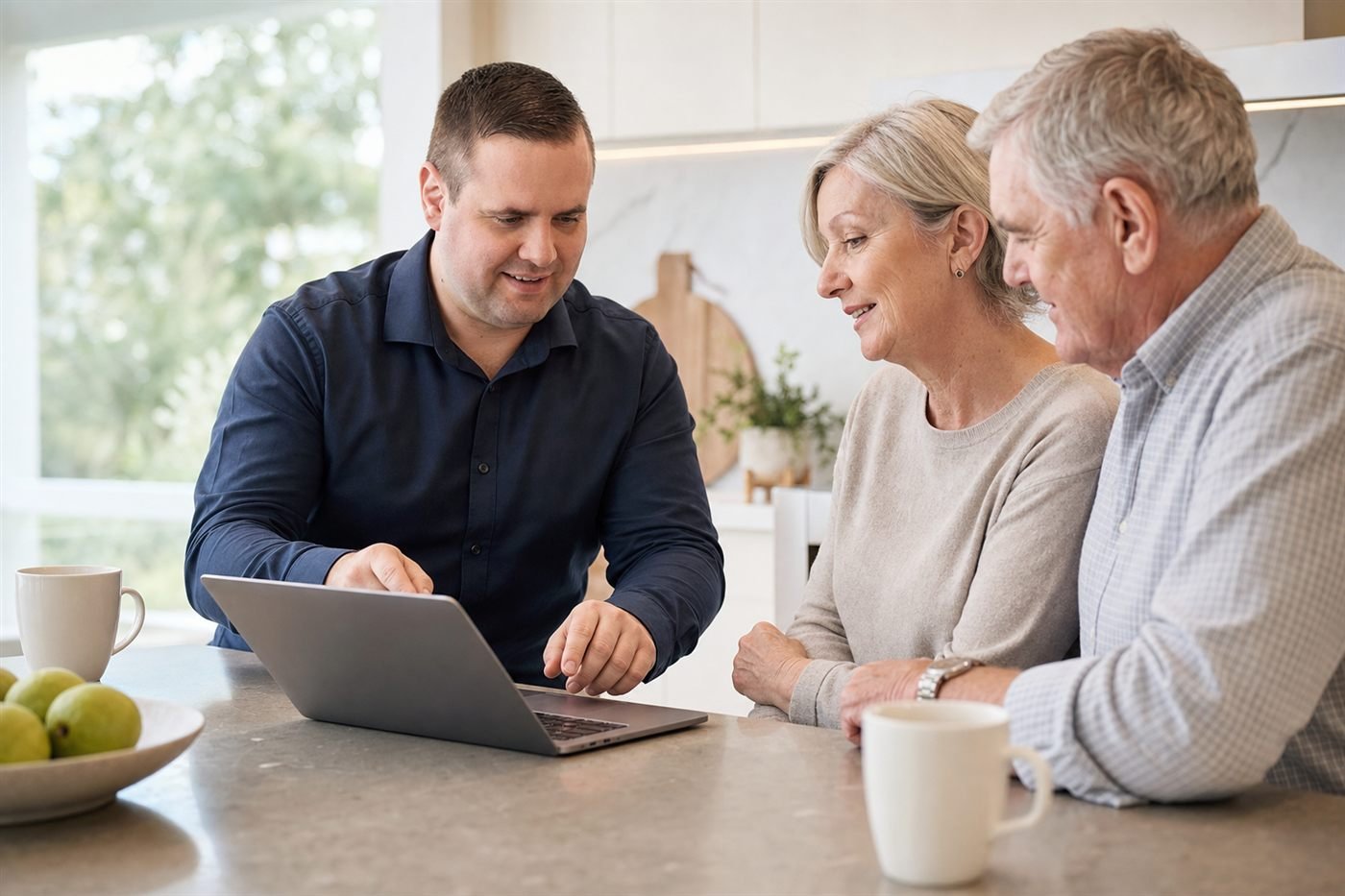 Afford IT technician showing an older couple their recovered files on a laptop in their kitchen