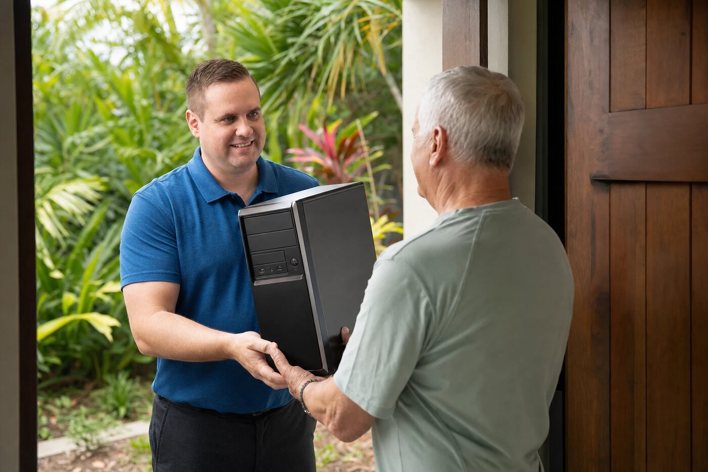 Afford IT technician returning a repaired desktop computer to a customer at their front door